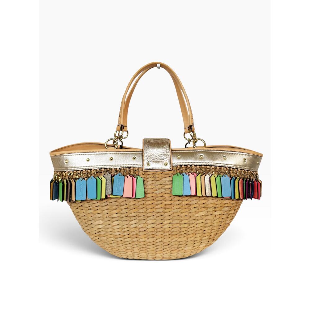 Coach Leather Hangtag Straw Basket Hamptons Weekend Tote Multicolor 70th Anniver - Picture 2 of 16